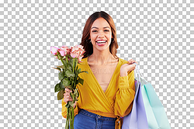 Buy stock photo Portrait, shopping bag or happy woman with roses or flowers for valentines day, gift or anniversary. Smile, sale or excited customer with bouquet of pink plants isolated on transparent png background