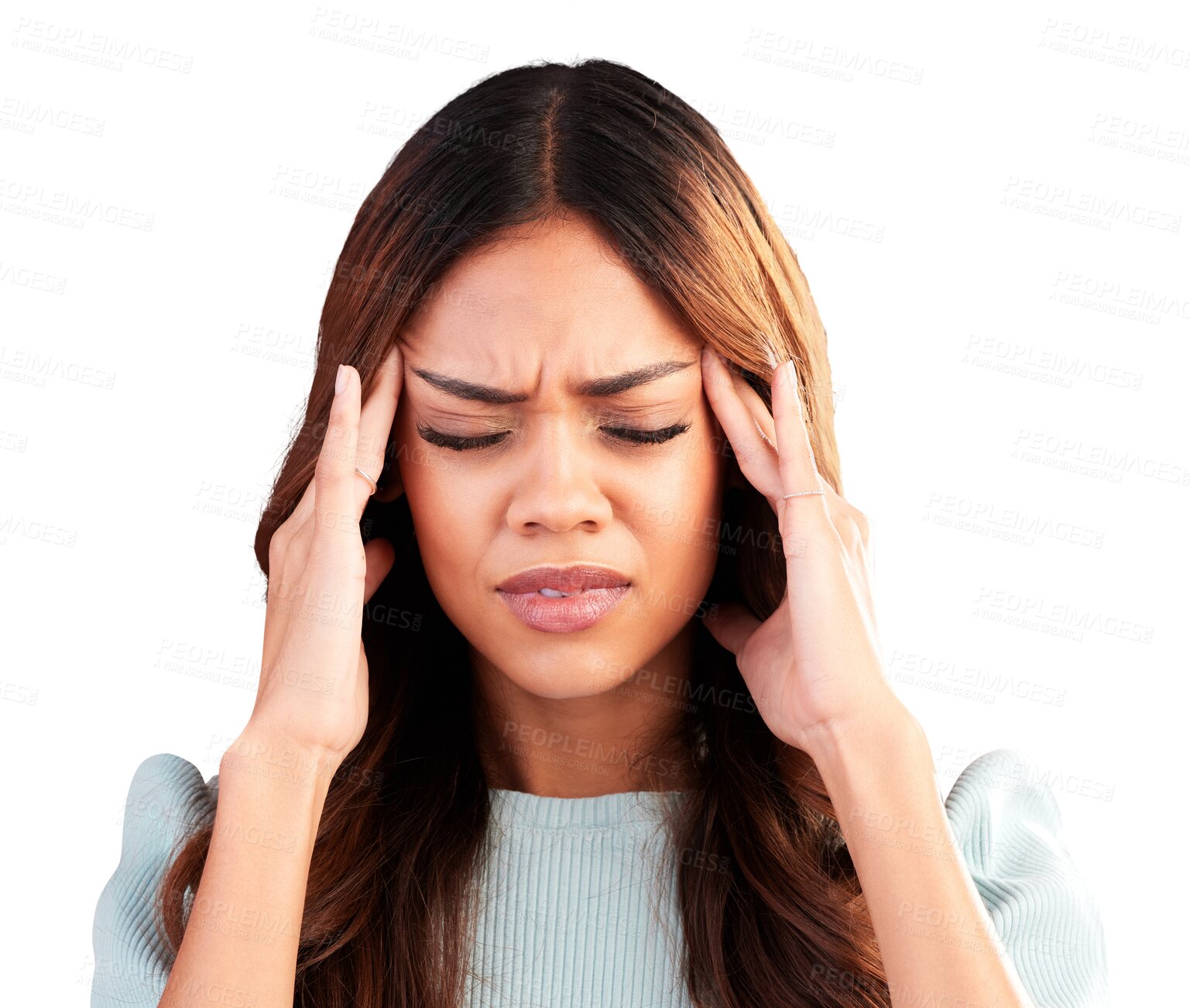 Buy stock photo Pain, stress or woman with headache, anxiety or burnout isolated on transparent png background. Exhausted, temple massage or face of sick female person frustrated with depression or migraine crisis 