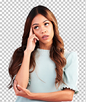 Buy stock photo Thinking, doubt and woman confused isolated on transparent png background with hand on head. Mental health, stress and ideas, frustrated model brainstorming problem, brain fog and planning solution.