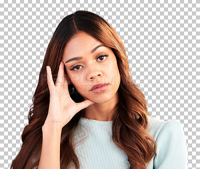 Buy stock photo Portrait, stress and woman frustrated isolated on transparent png background with hand on head. Mental health, doubt and confused, angry model brainstorming problem, brain fog and planning solution.