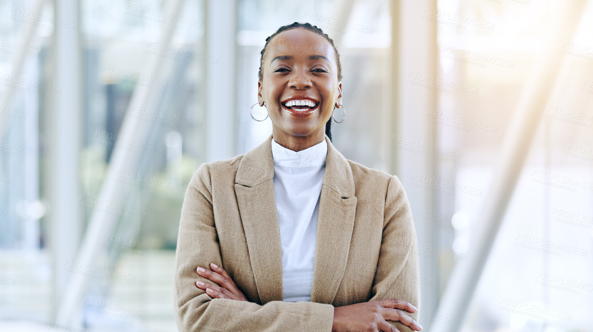 Buy stock photo Professional portrait, arms crossed and happy black woman confident in company manager, career or work. Happiness, pride and business agency worker, employee or African agent smile for job experience