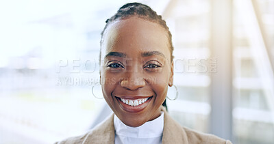 Face, happy lawyer and black woman in office for business in corporate company. African attorney, portrait smile or person, professional or advocate, worker or employee from Nigeria with legal career