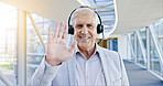Wave, senior man and video in call center with headset for conference, online meeting or communication. Face, hello and business person in webinar, virtual chat and telemarketing in happy portrait