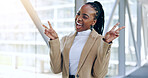 Face, peace sign and excited black woman in office for business in corporate company. African professional, portrait and v hands for emoji, success and lawyer walking with victory, smile and happy