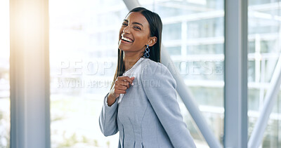 Happy, finger guns and a woman in an office for motivation, comedy and playful while walking. Smile, business and face portrait of a young Indian employee with a pointing hand gesture at work