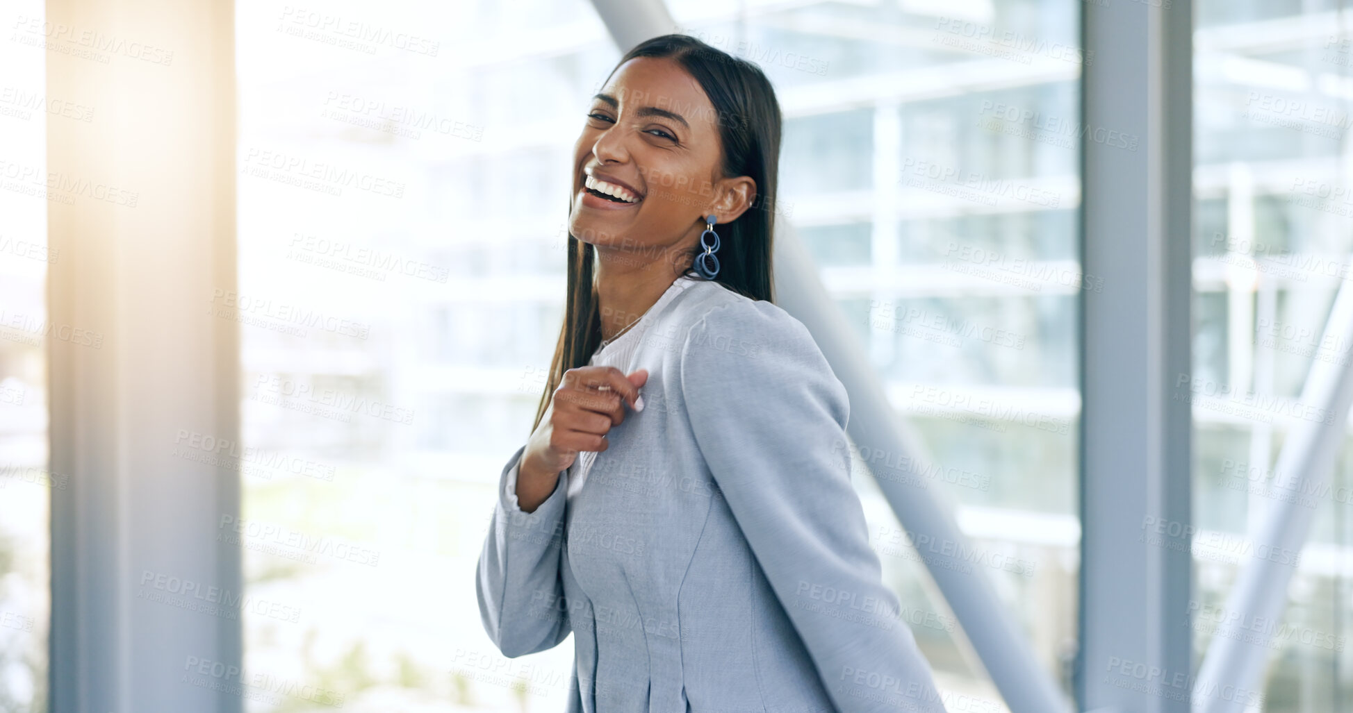 Buy stock photo Business woman, happy and portrait in hallway with excited face, laugh and suit for career at office. Employee, corporate staff or worker with comic smile, pride and professional clothes at workplace