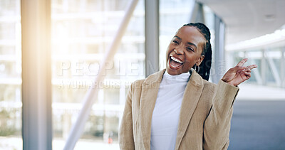Face, peace sign and excited black woman in office for business in corporate company. African professional, portrait and v hands for emoji, success and lawyer walking with victory, smile and happy