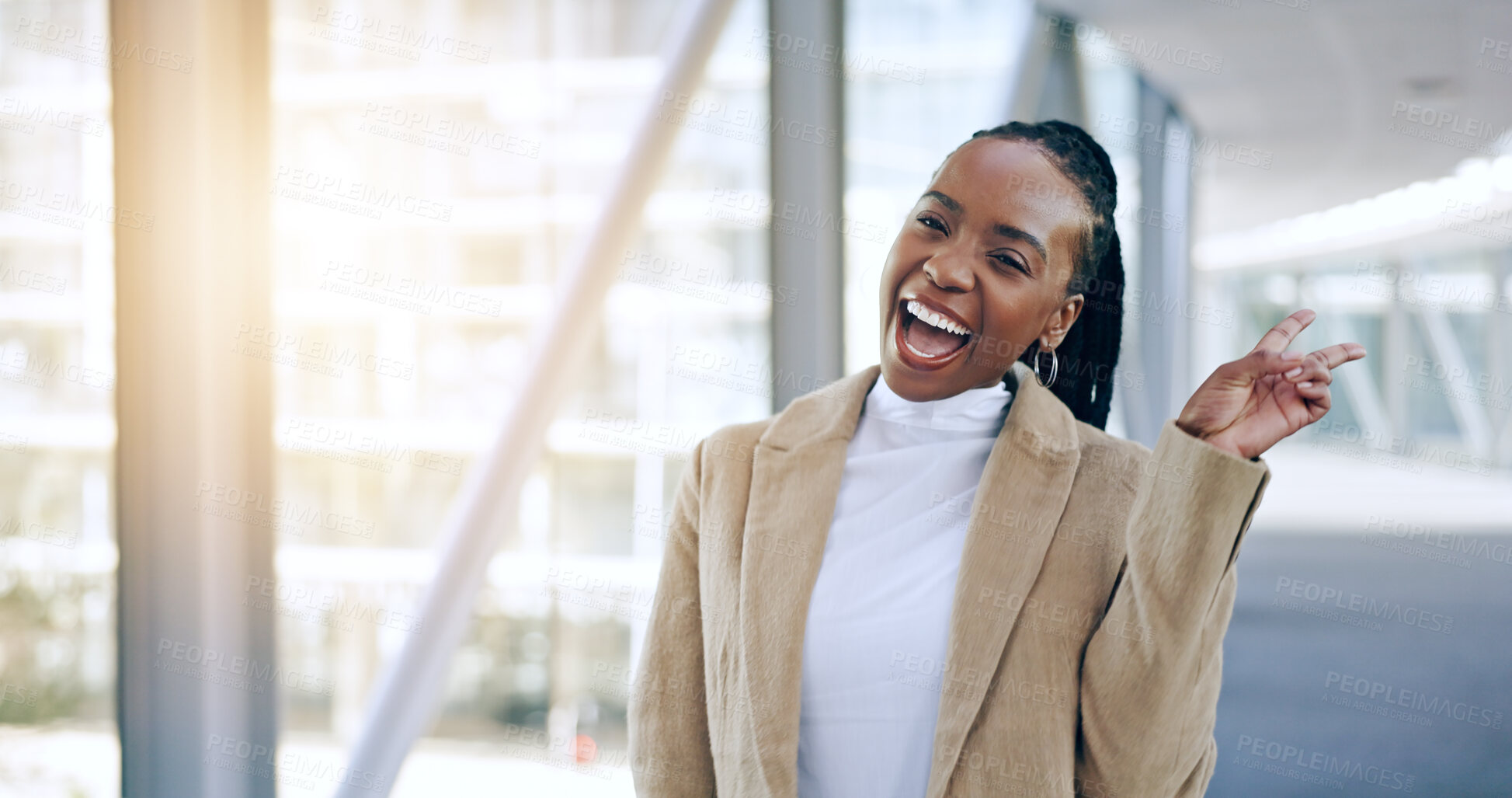 Buy stock photo Portrait, peace sign and black woman with support, business and opportunity with feedback, review and emoji. Face, African person and employee with v symbol, icon and success with startup and excited