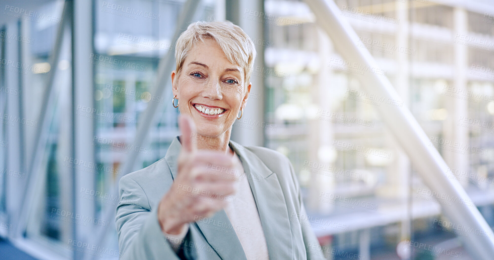 Buy stock photo Portrait, ceo and senior woman with thumbs up in office for business in corporate company or workplace. Accountant, face and happy person with agree gesture for career as executive and entrepreneur