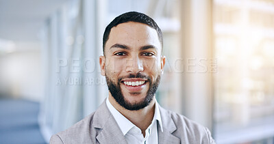 Happy, face and portrait of businessman in a city with a mission mindset and confident in an urban town. Corporate, employee and professional young entrepreneur proud of his vision or goal