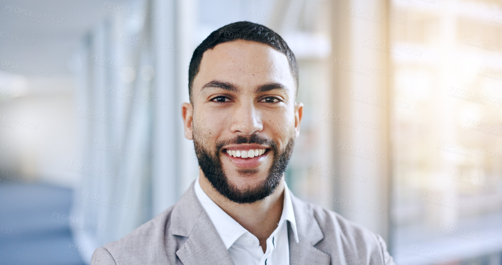 Buy stock photo Portrait, smile and a business man in his office for corporate or professional work with flare on a blurred background. Face, working and ambition with a happy young employee in a modern workplace