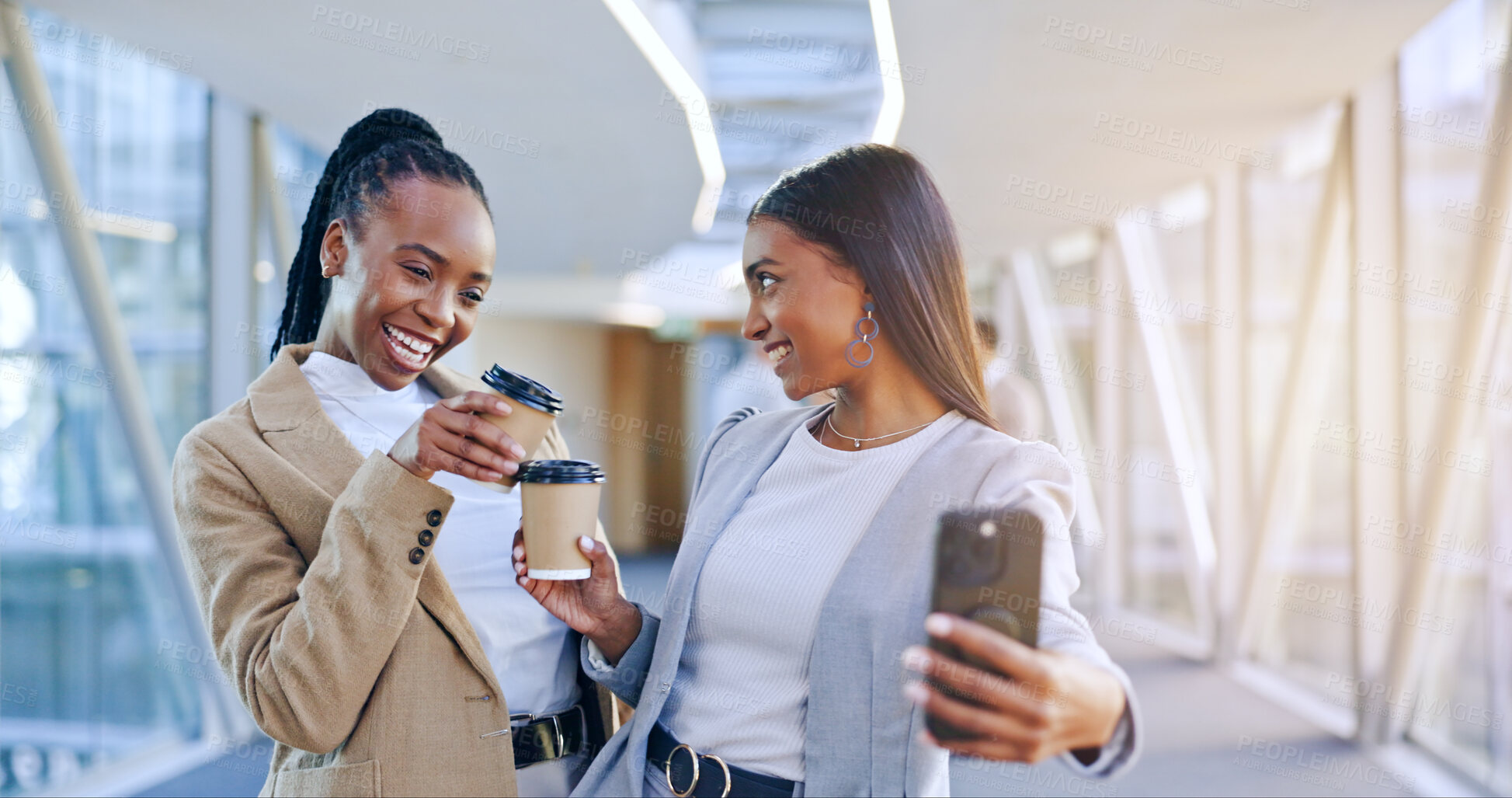 Buy stock photo Selfie, coffee and business with women, cheers and happiness with social media, smile and bonding. Friends, coworkers or staff with a cellphone, profile picture and post with tea or website info