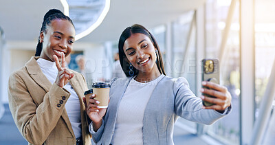 Selfie, coffee and business colleagues in office while on lunch break talking, bonding and laughing. Happy, cheers and professional happy female friends taking picture with cappuccino in workplace.