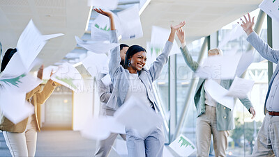 Documents in air, celebration and business people dance in office for achievement, winner and goals. Teamwork, collaboration and excited men and women dancing, throw paperwork and winning for success