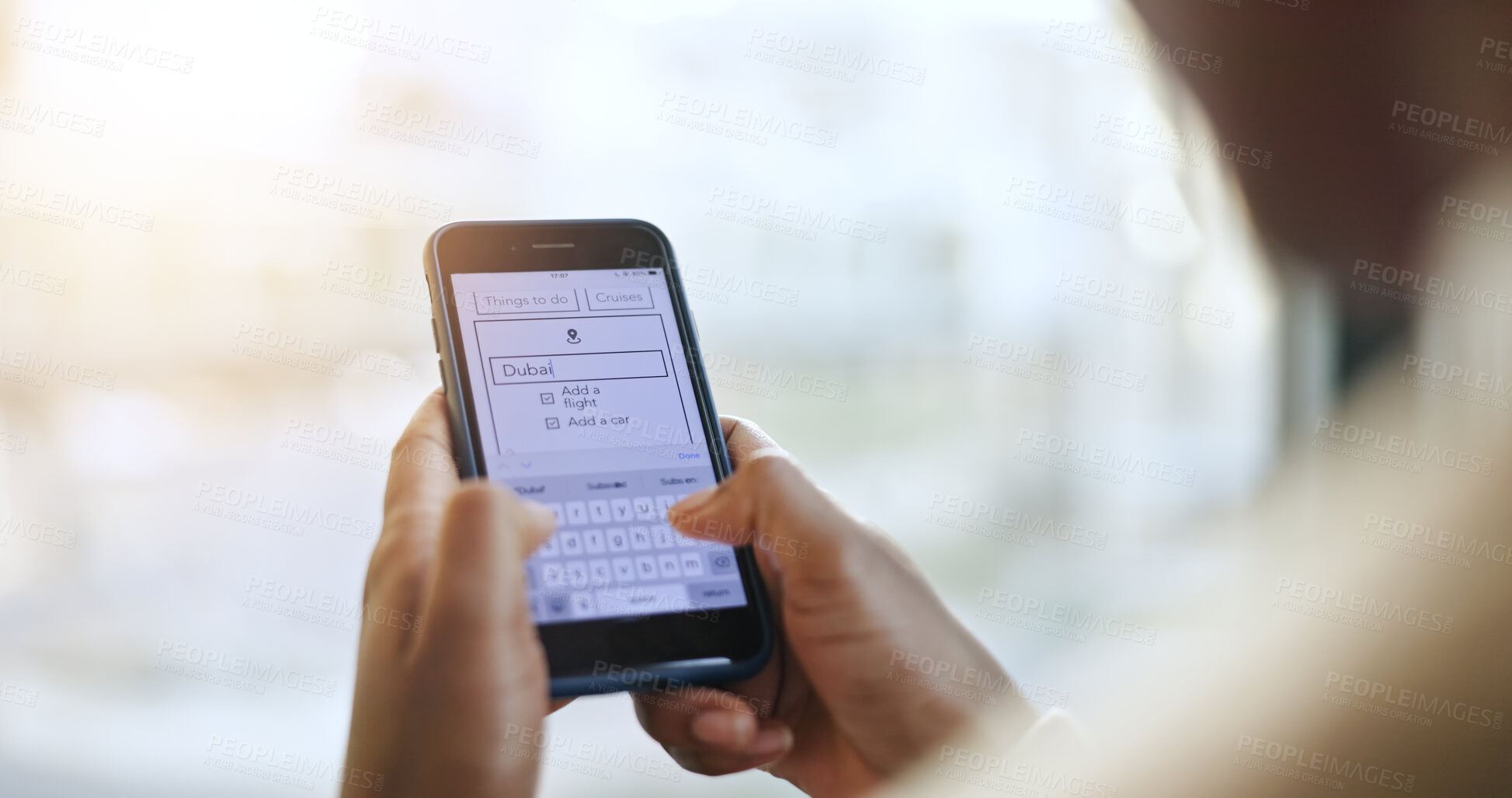 Buy stock photo Business person, hand and phone screen for typing on internet for travel, holiday or vacation in Dubai. Closeup, search and information on website for flight on app, web or online for airplane ticket