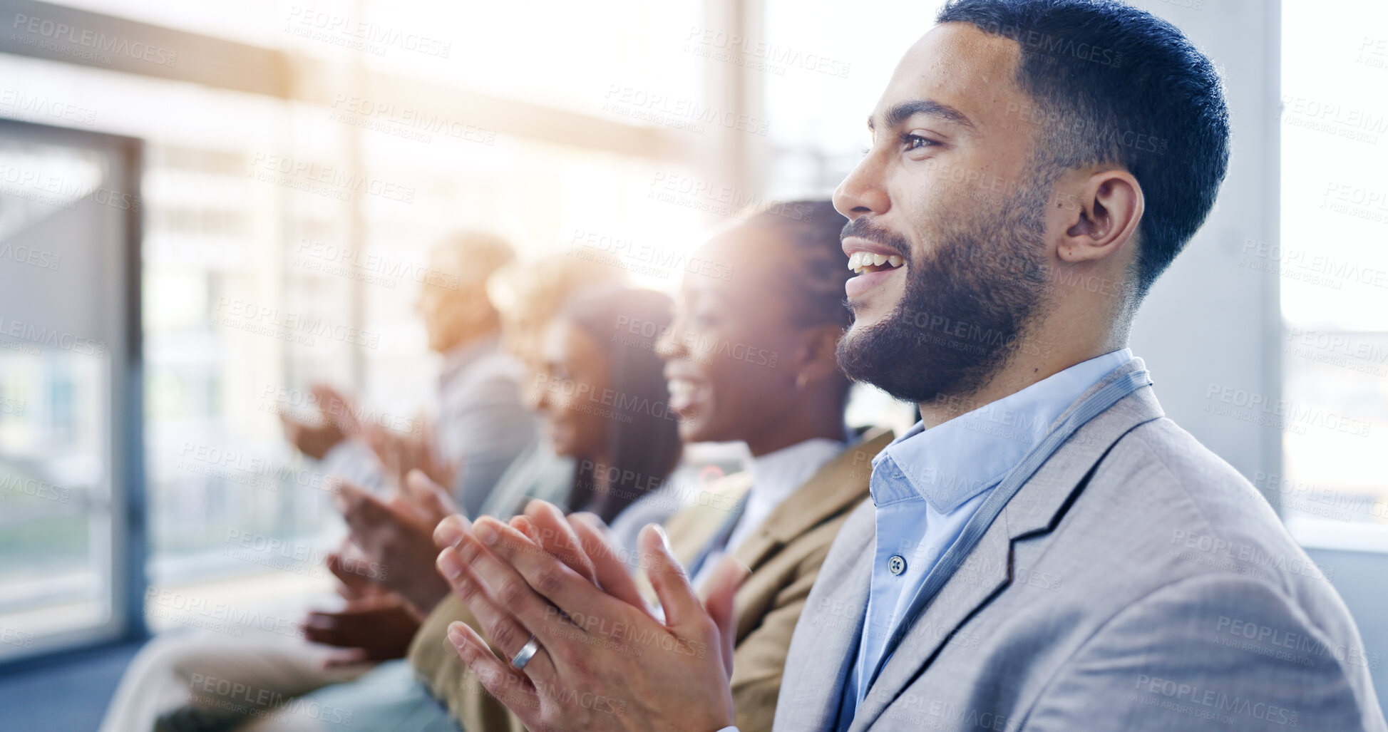 Buy stock photo Business people, audience and team applause for meeting success, congratulations or praise in workshop or conference. Happy group of employees listening and clapping for news and support in workshop