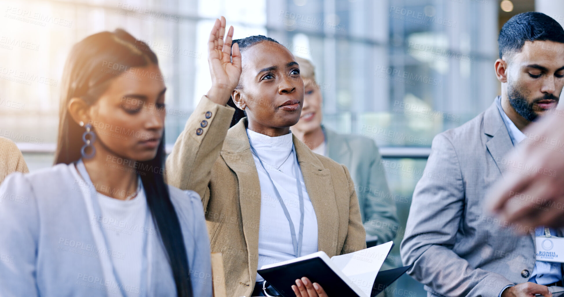 Buy stock photo Seminar, woman and question with hand raised for presentation, conference and convention or workshop. Diversity business people, faq and answer in team building, asking and participation in training