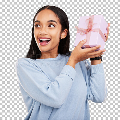 Happy woman, excited and gift box in a studio with a smile from surprise present for birthday. Giveaway prize, isolated and yellow background of a young female student feeling positive and cheerful