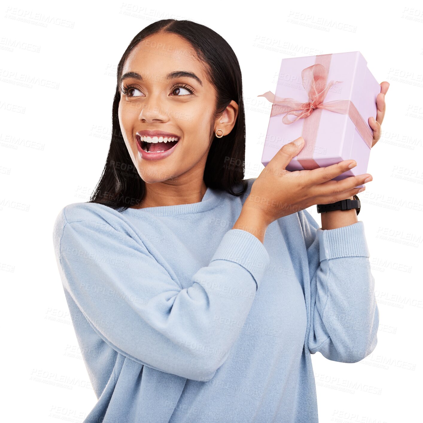 Buy stock photo Happy, gift and woman with box and smile on isolated, png and transparent background for event. Excited, package and female person with present, prize and surprise for birthday, party or celebration