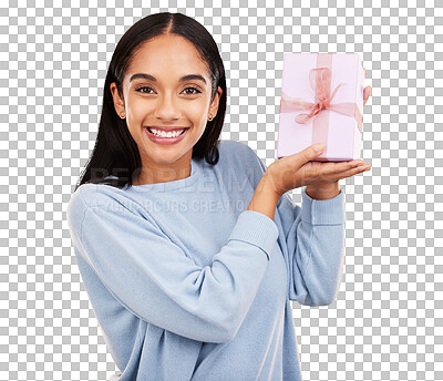 Woman smile, portrait and gift box in a studio happy from surprise present for birthday. Giveaway prize, isolated and yellow background of a young female student feeling positive and cheerful