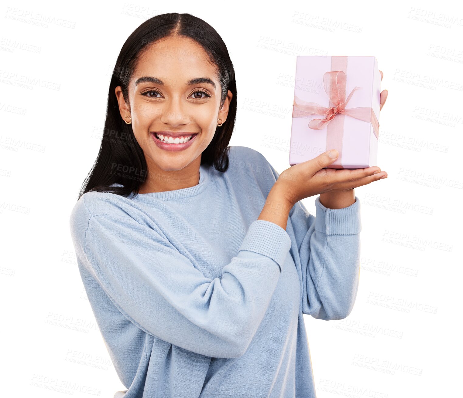 Buy stock photo Happy, gift and portrait of woman with box on isolated, png and transparent background and smile. Excited, package and female person with present, prize or surprise for birthday, party or celebration