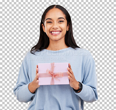 Happy woman, portrait and gift box in a studio with a smile from surprise present for birthday. Giveaway prize, isolated and yellow background of a young female student feeling positive and cheerful