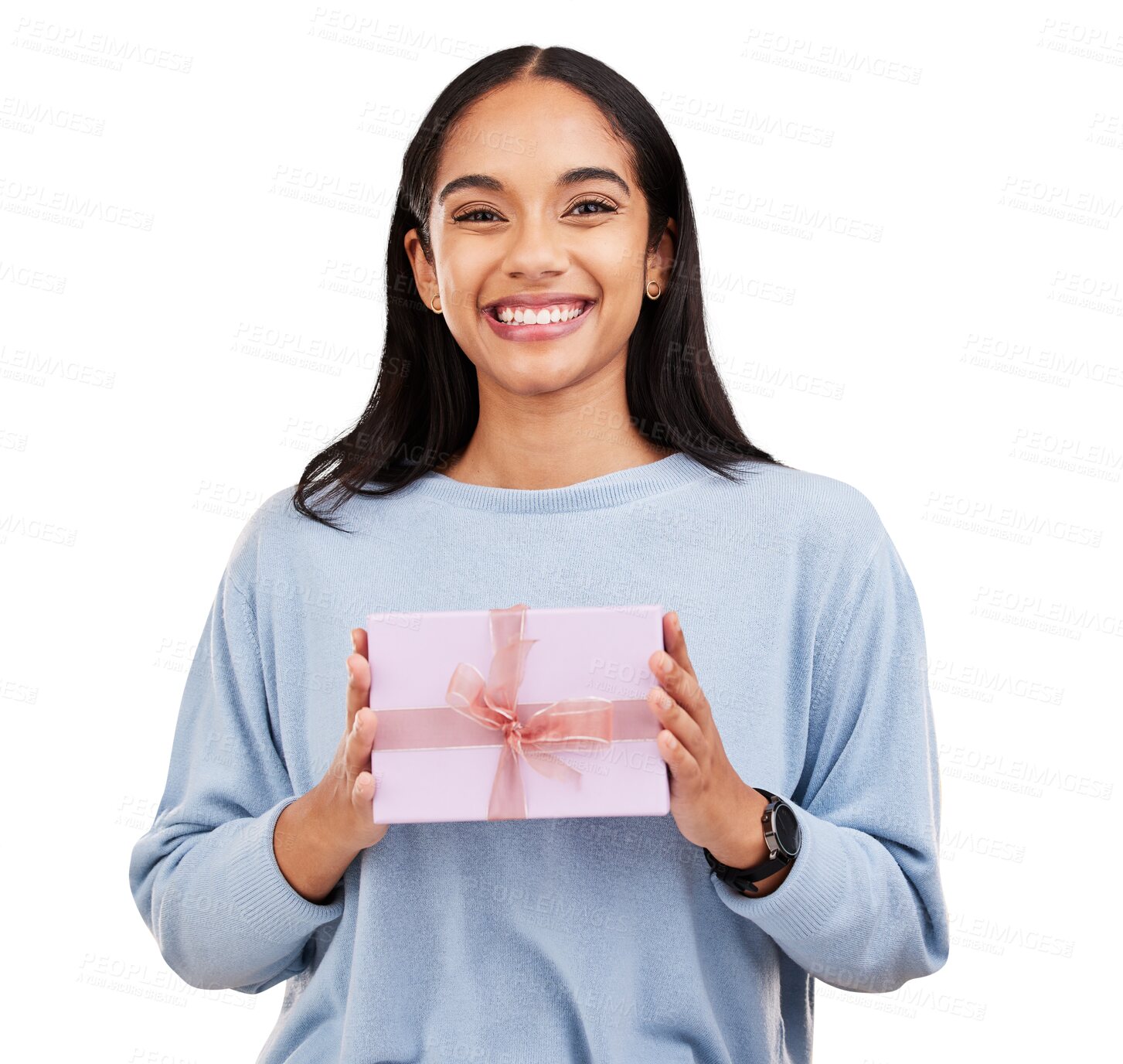 Buy stock photo Excited, gift and portrait of woman with box on isolated, png and transparent background. Happy, package and female person smile with present, prize and surprise for birthday, party or celebration