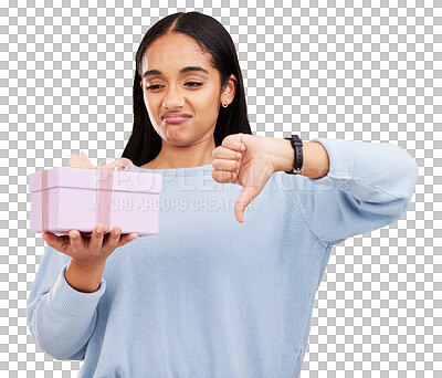 Gift, box and woman with thumbs down on yellow background for negative, disagreement and bad sign. Emoji mockup, sadness and girl holding present with dislike, unhappy and disappointed hand gesture