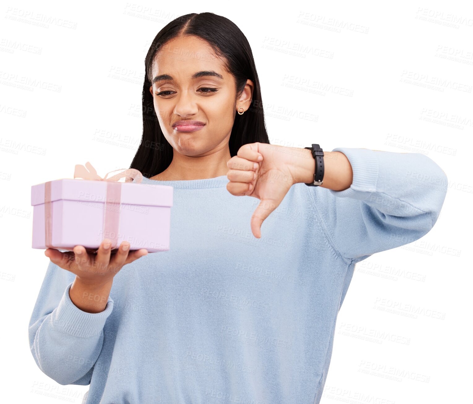 Buy stock photo Gift, woman and thumbs down sign, disappointed and upset with birthday product, Christmas present and disagreement opinion. Emoji dislike icon, box and unhappy person on transparent, png background