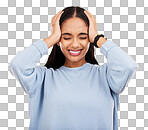 Stress, frustrated and woman with headache, pain and depression on a studio background. Female, lady and anxiety with migraine, tension and strain with injury, emergency and mind fatigue on backdrop