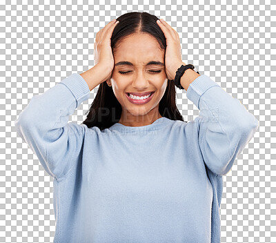 Buy stock photo Stress, frustrated and woman with headache pain isolated in a transparent or png background with anxiety or depression. Angry, migraine and young female person with tension, strain  and fatigue