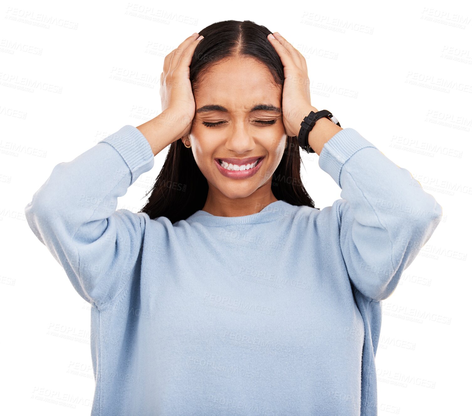 Buy stock photo Stress, frustrated and woman with headache pain isolated in a transparent or png background with anxiety or depression. Angry, migraine and young female person with tension, strain  and fatigue