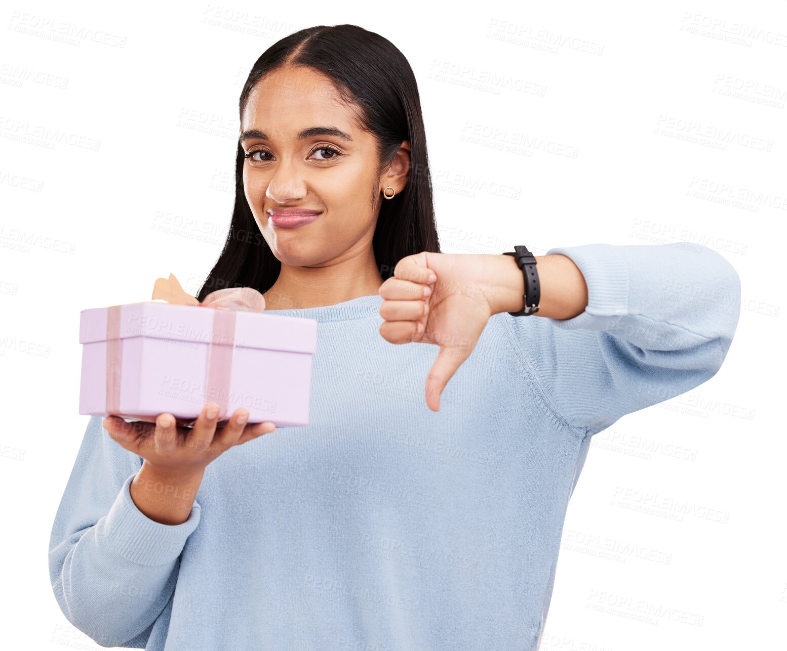 Buy stock photo Gift, thumbs down and portrait of a young woman with a disappointed, upset or unhappy expression. Present, moody and female model with a negative hand gesture isolated by a transparent png background