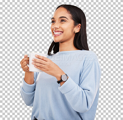 Morning, coffee mug and happy woman in a studio with a smile from espresso. Isolated, yellow background and smile of a young female with happiness and joy ready to start the day with confidence