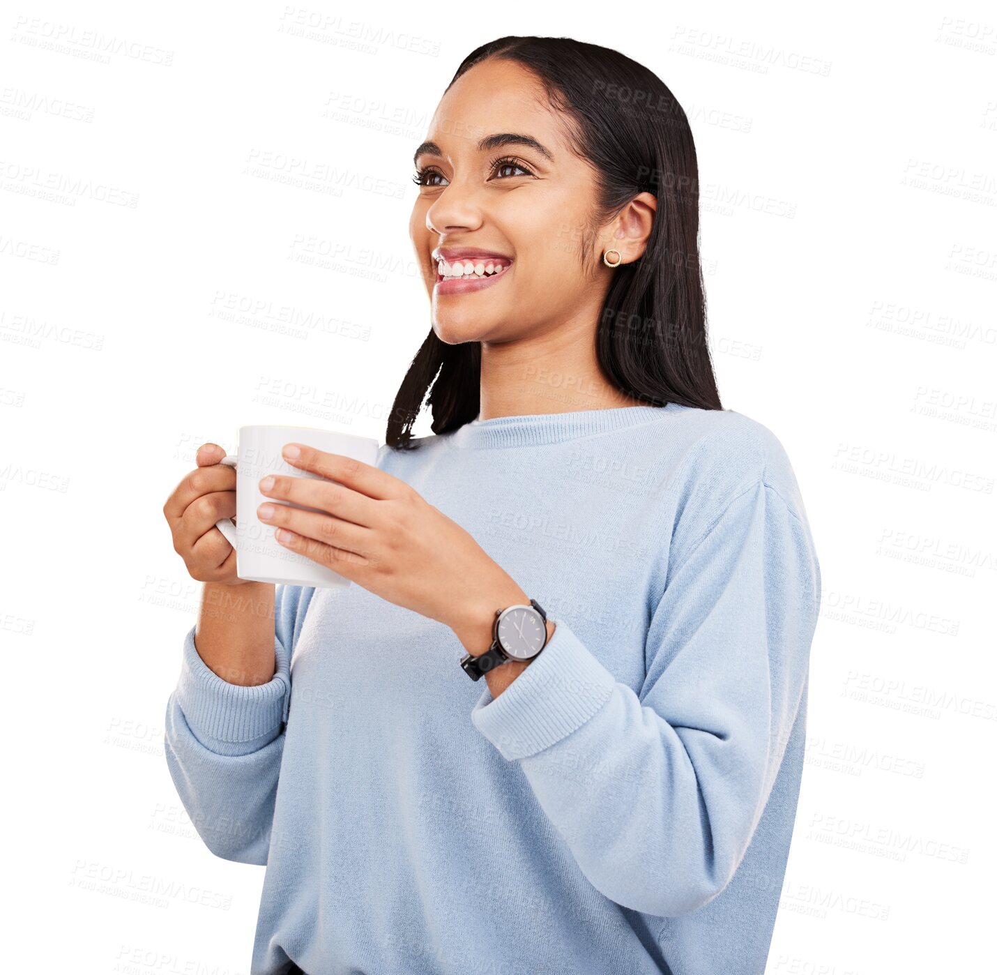 Buy stock photo Happy, cup of coffee and young woman with a smile in the morning of a weekend for peace ad calm. Happiness, young and female model with a cappuccino or latte isolated by a transparent png background.