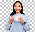 Morning portrait, coffee mug and happy woman in a studio with a smile from espresso. Isolated, yellow background and drink of a young female with happiness and joy ready to start the day with tea