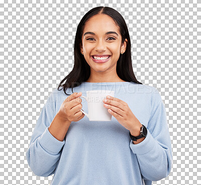 Morning portrait, coffee mug and happy woman in a studio with a smile from espresso. Isolated, yellow background and drink of a young female with happiness and joy ready to start the day with tea