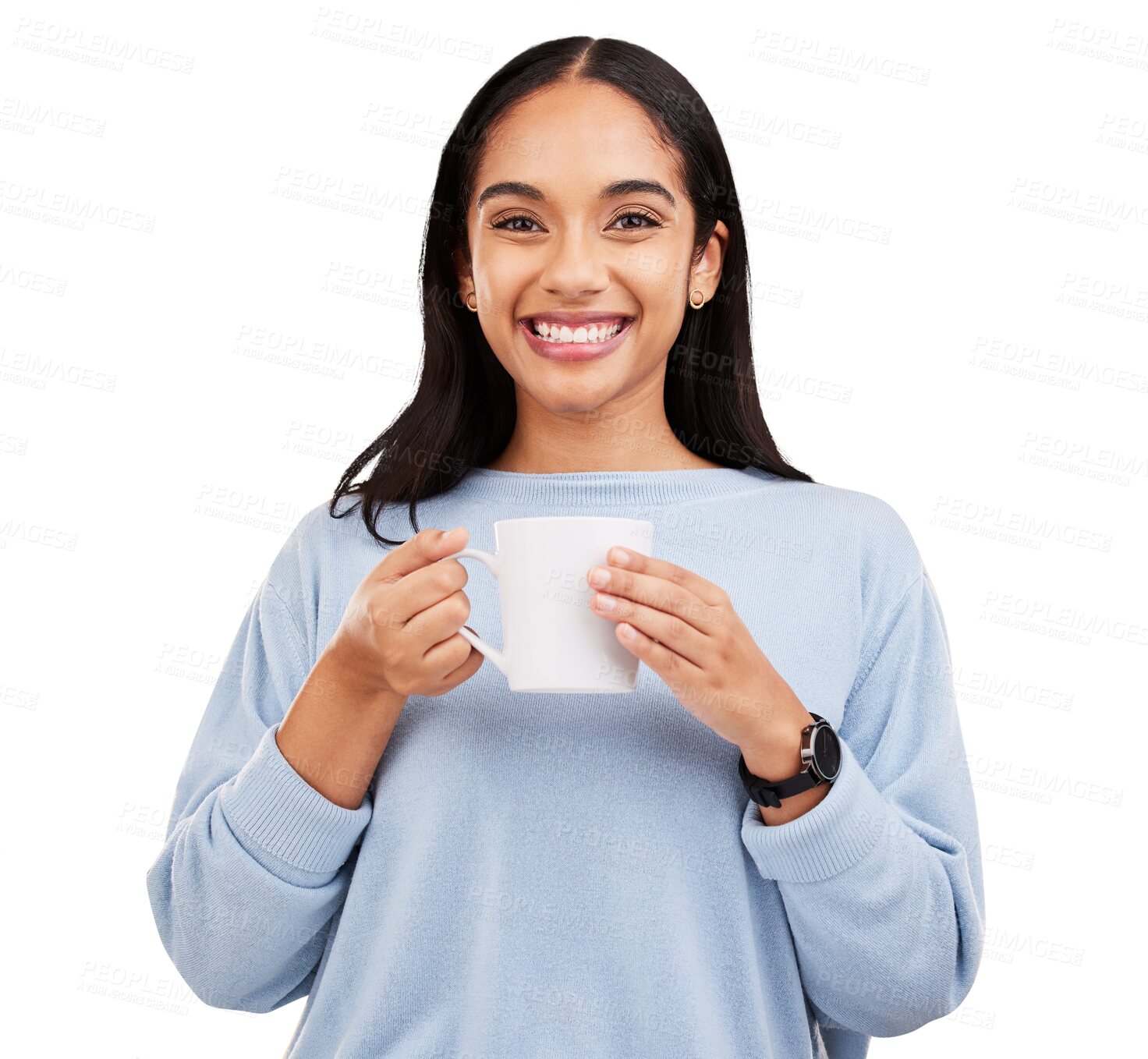 Buy stock photo Smile, portrait and woman with a cup of coffee for peace, mindfulness and calm in the morning. Happy, young and female model with cappuccino, latte or caffeine isolated by transparent png background.