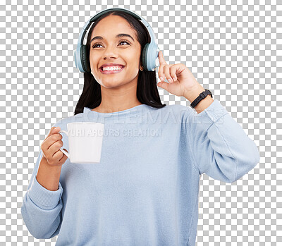 Coffee, music and headphones with woman in studio for streaming, online radio and relax. Smile, media and podcast with female isolated on yellow background for technology, listening and connection