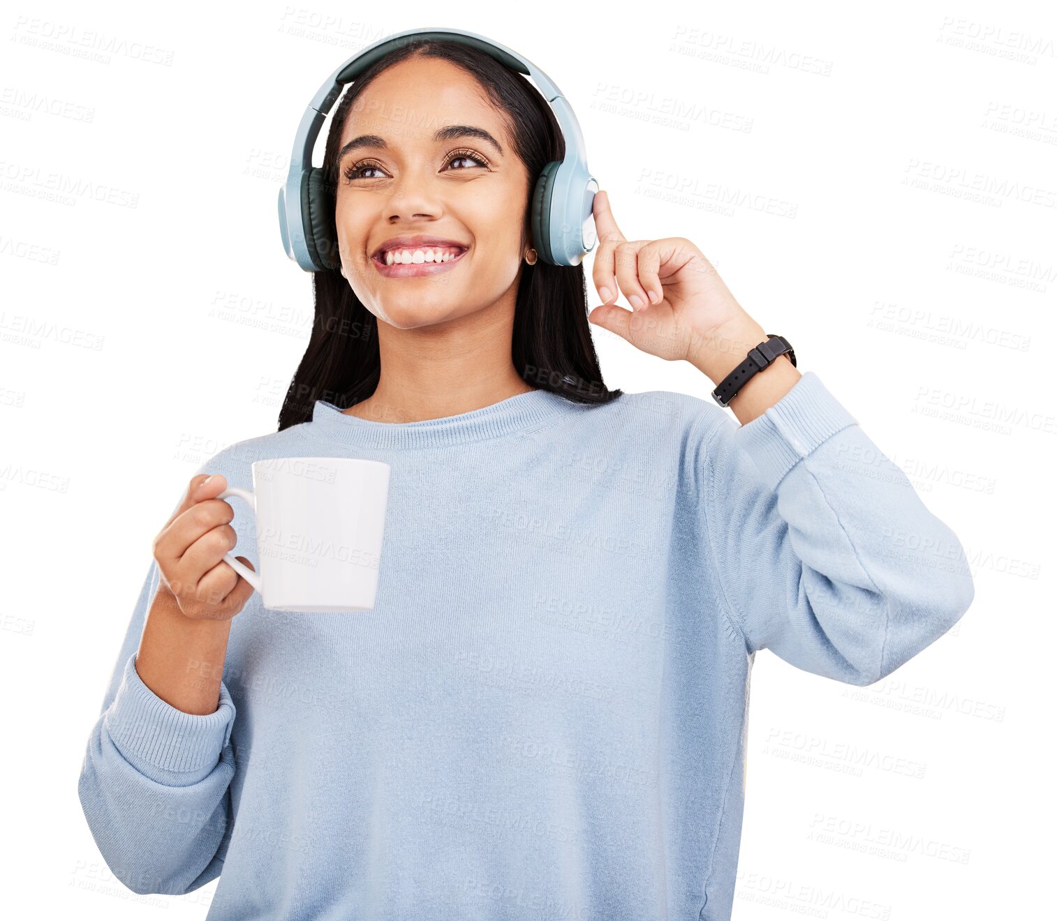 Buy stock photo Headphones, cup of coffee and young woman listening to music, radio or calm podcast in the morning. Happy, smile and female model streaming a song with a latte isolated by transparent png background.