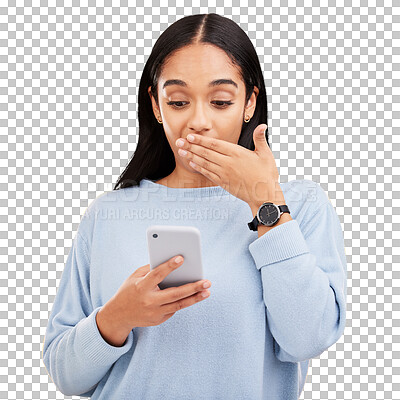 Shock, surprise and woman in studio with phone and hand on mouth isolated on yellow background. Social media, fake news or exciting online promotion, hispanic girl reading notification on smartphone.