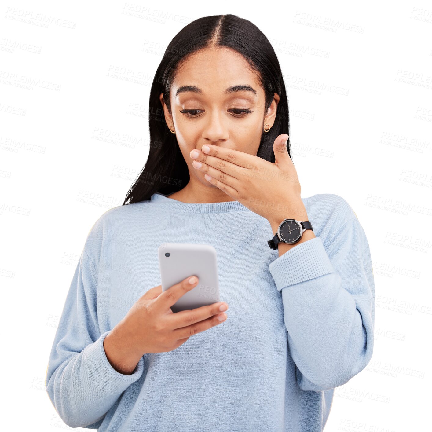 Buy stock photo Woman, shock and surprise with phone for gossip, secret or news isolated on a transparent PNG background. Female person with hand on mouth for social media or online browsing on mobile smartphone app