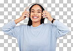 Laugh, music and headphones with portrait of woman in studio for streaming, online radio and audio. Smile, media and podcast with female on yellow background for technology, listening and connection