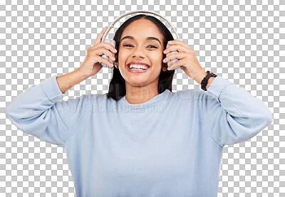 Laugh, music and headphones with portrait of woman in studio for streaming, online radio and audio. Smile, media and podcast with female on yellow background for technology, listening and connection