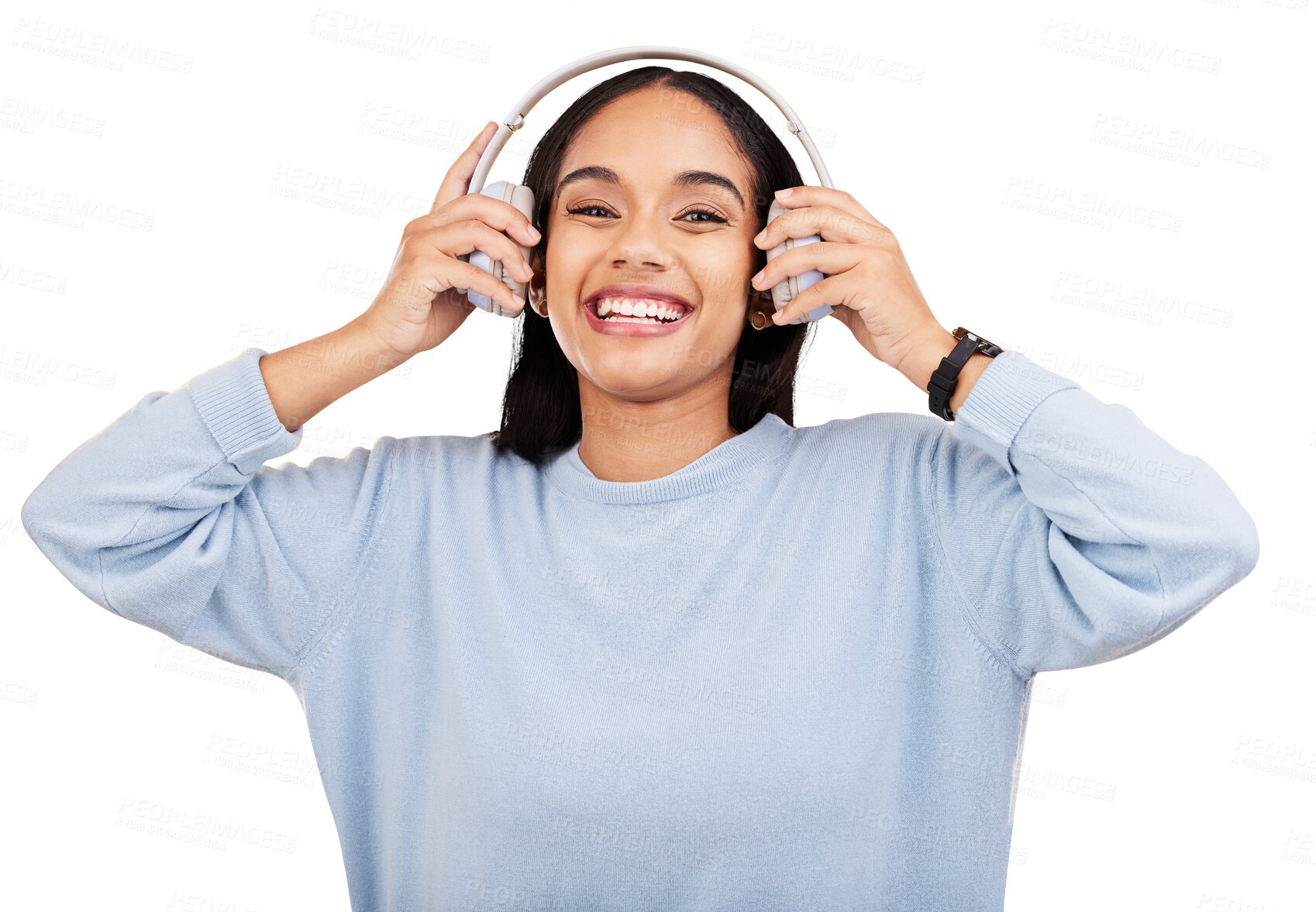 Buy stock photo Laugh, music and headphones with portrait of woman for streaming, online radio and audio. Smile, media and podcast with female model listen to playlist or album isolated by transparent png background