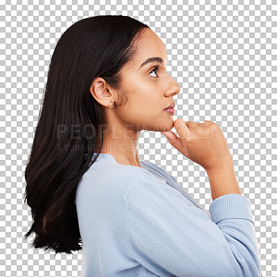 Woman, profile and studio with a young model thinking with casual fashion feeling relax. Isolated, yellow background and gen z female person with youth and healthy hair care posing and relaxing