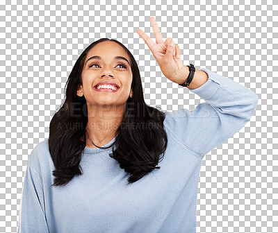 Buy stock photo Celebrate, thinking and happy woman with peace fingers isolated in transparent or png background. Happiness, v sign and person with smile or hand gesture for victory, fun and gen z with freedom emoji