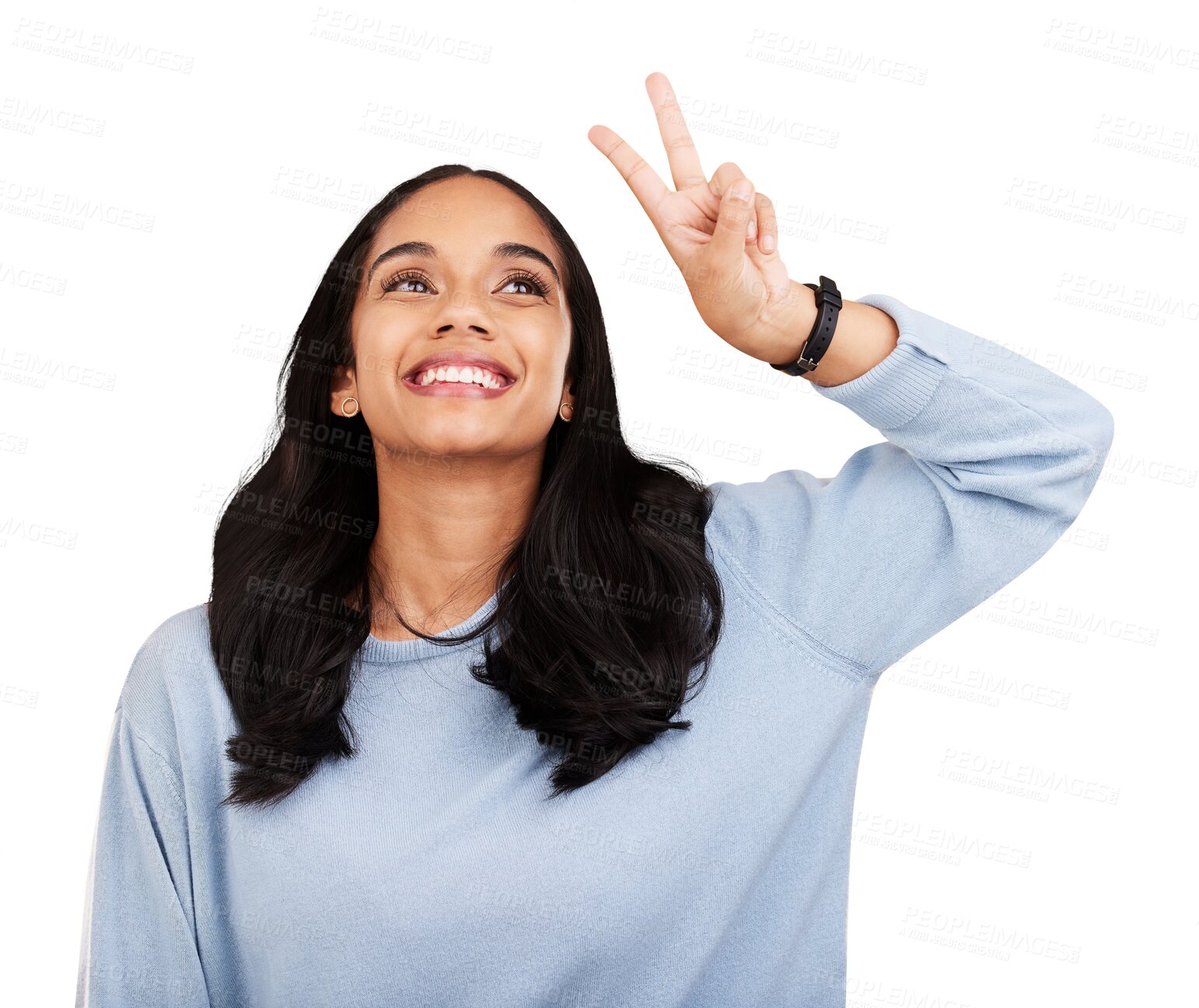 Buy stock photo Celebrate, thinking and happy woman with peace fingers isolated in transparent or png background. Happiness, v sign and person with smile or hand gesture for victory, fun and gen z with freedom emoji