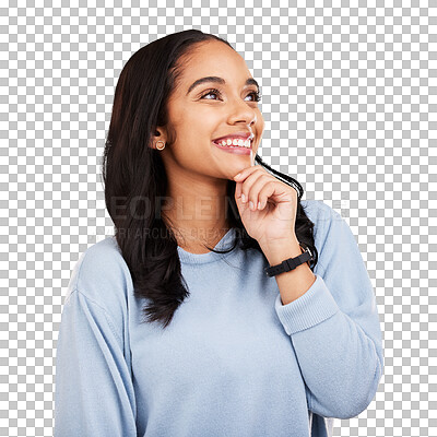 Buy stock photo Thinking, face and woman happiness, smile and planning ideas, development or brainstorming decision, choice or plan. Inspiration, problem solving and happy person on transparent, png background