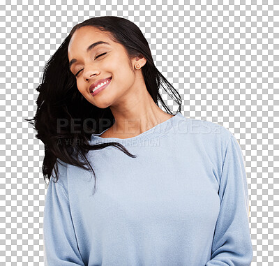 Buy stock photo Hair, beauty and youth, happy woman isolated on transparent png background with gen z fashion. Smile, natural haircare and excited girl with healthy growth, shine and self care with satisfaction.